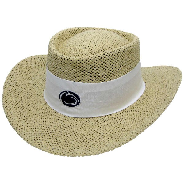 straw gambler hat with Penn State Athletic Logo on white cloth band